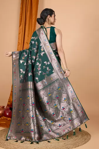 Dark green woven self design embellished pure silk banarasi saree with blouse