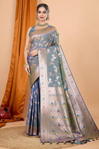 Grey woven self design embellished pure silk banarasi saree with blouse