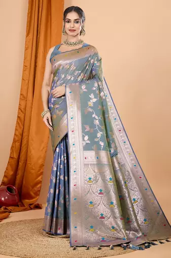 Grey woven self design embellished pure silk banarasi saree with blouse