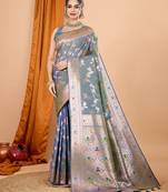 Grey woven self design embellished pure silk banarasi saree with blouse