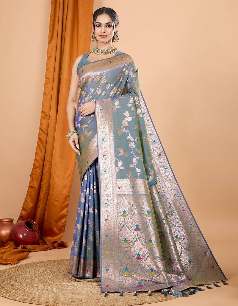 Grey woven self design embellished pure silk banarasi saree with blouse