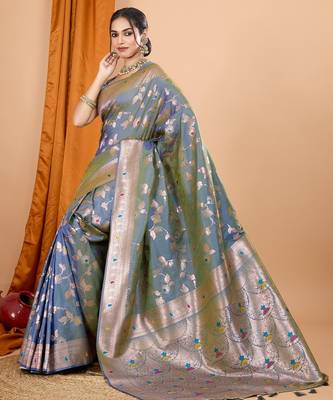 Grey woven self design embellished silk blend banarasi saree with blouse 2