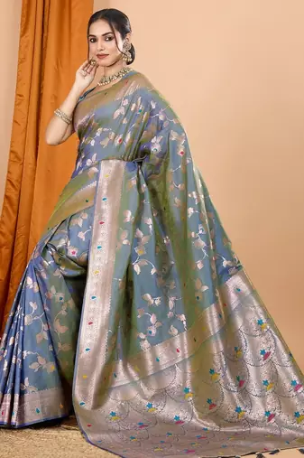 Grey woven self design embellished pure silk banarasi saree with blouse