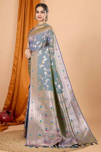 Grey woven self design embellished pure silk banarasi saree with blouse