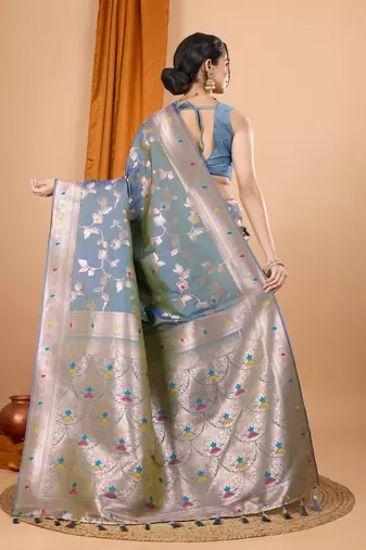 Grey woven self design embellished pure silk banarasi saree with blouse