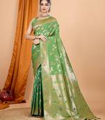 Light green woven self design embellished pure silk banarasi saree with blouse