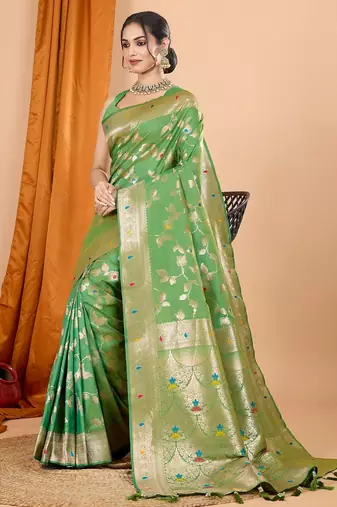 Light green woven self design embellished pure silk banarasi saree with blouse