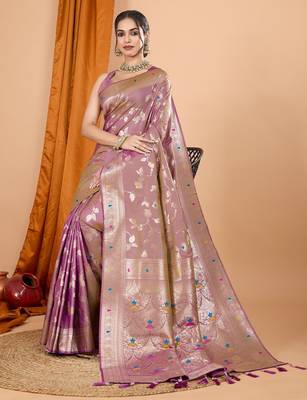 Light purple woven self design embellished silk blend banarasi saree with blouse 2