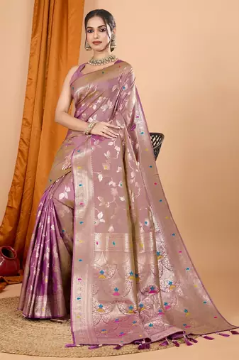 Light purple woven self design embellished pure silk banarasi saree with blouse