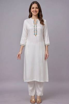 White embroidered rayon kurta set 2