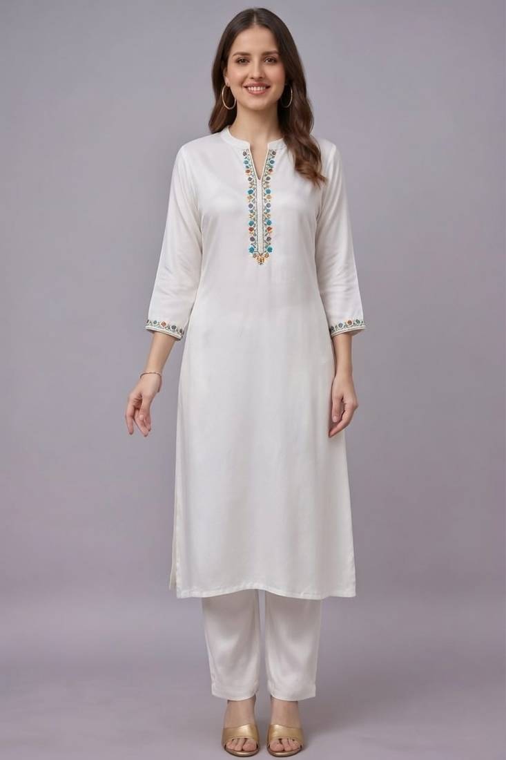 White embroidered rayon kurta set