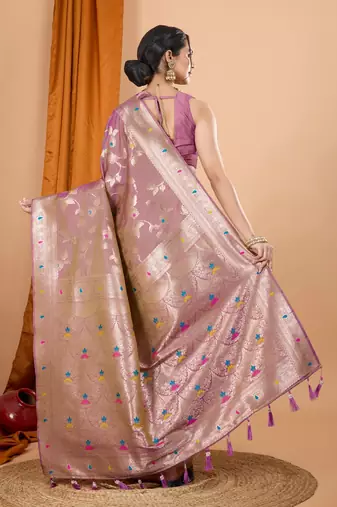 Light purple woven self design embellished pure silk banarasi saree with blouse