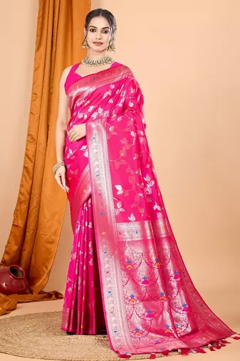 Pink woven self design embellished pure silk banarasi saree with blouse