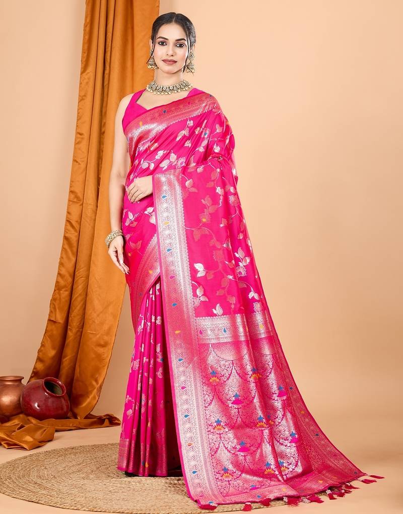 Pink woven self design embellished pure silk banarasi saree with blouse