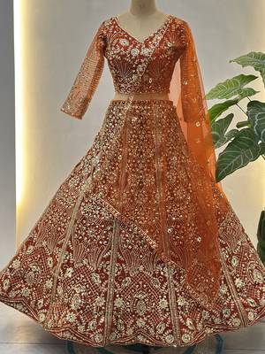 Gorgeous Orange Sequins Net Evening Wear Lehenga Choli With Dupatta 6