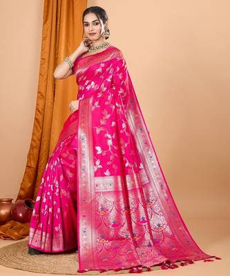 Pink woven self design embellished silk blend banarasi saree with blouse 2