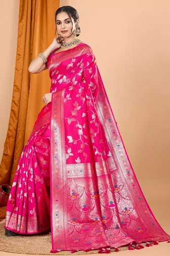 Pink woven self design embellished pure silk banarasi saree with blouse