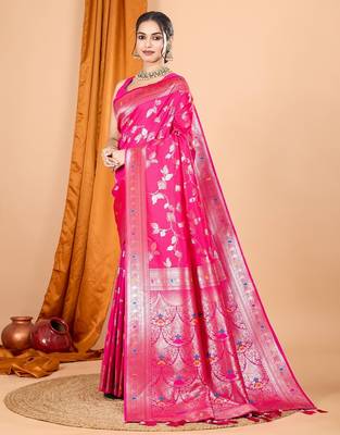 Pink woven self design embellished silk blend banarasi saree with blouse 3