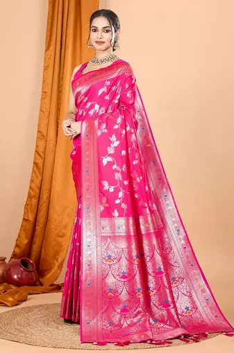 Pink woven self design embellished pure silk banarasi saree with blouse
