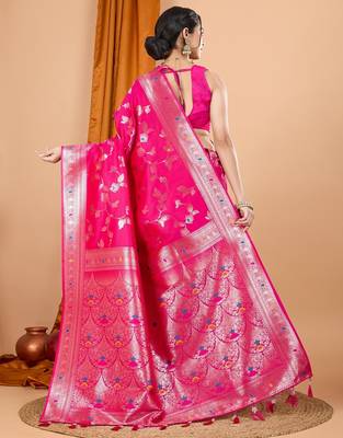Pink woven self design embellished silk blend banarasi saree with blouse 4