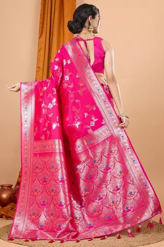 Pink woven self design embellished pure silk banarasi saree with blouse