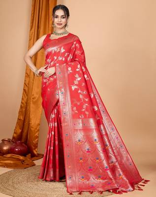 Red woven self design embellished silk blend banarasi saree with blouse 1