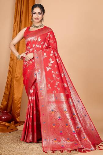 Red woven self design embellished pure silk banarasi saree with blouse