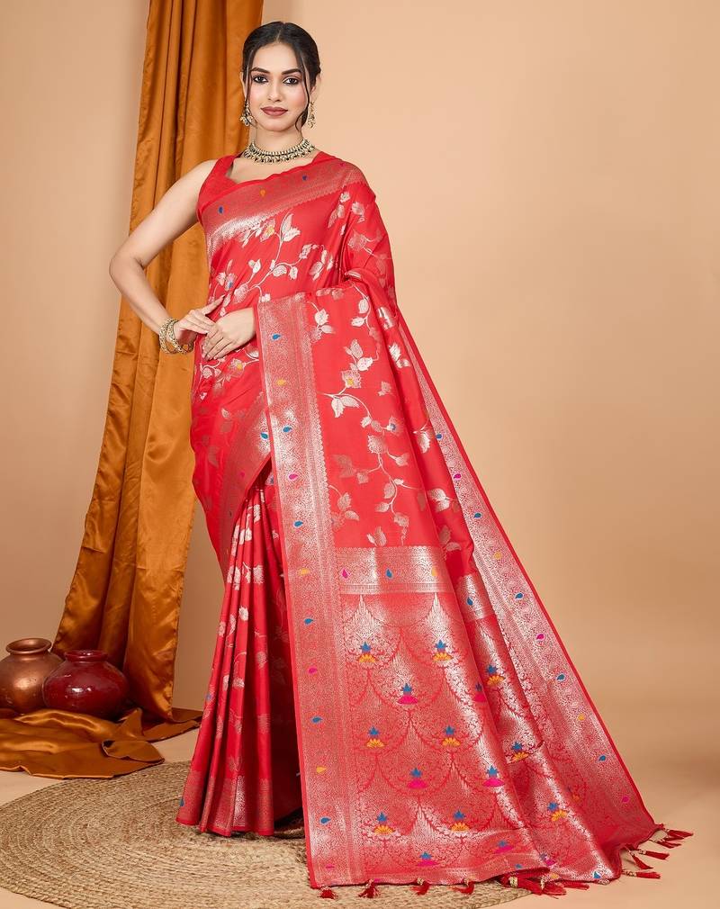 Red woven self design embellished pure silk banarasi saree with blouse