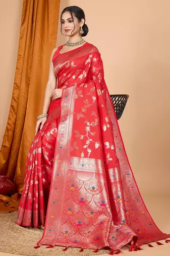 Red woven self design embellished pure silk banarasi saree with blouse