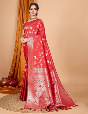Red woven self design embellished silk blend banarasi saree with blouse 3