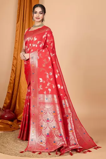 Red woven self design embellished pure silk banarasi saree with blouse