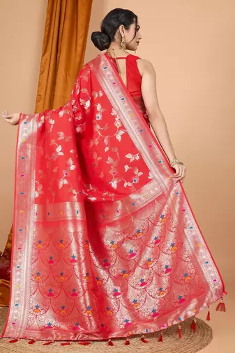 Red woven self design embellished pure silk banarasi saree with blouse