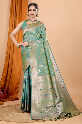 Sea green woven self design embellished pure silk banarasi saree with blouse