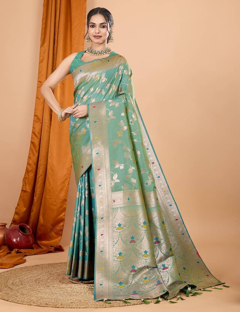 Sea green woven self design embellished pure silk banarasi saree with blouse