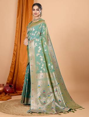 Sea green woven self design embellished silk blend banarasi saree with blouse 3