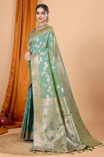 Sea green woven self design embellished pure silk banarasi saree with blouse
