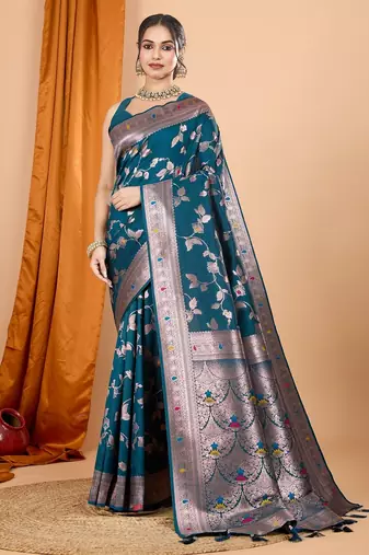 Teal blue woven self design embellished pure silk banarasi saree with blouse