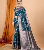 Teal blue woven self design embellished pure silk banarasi saree with blouse