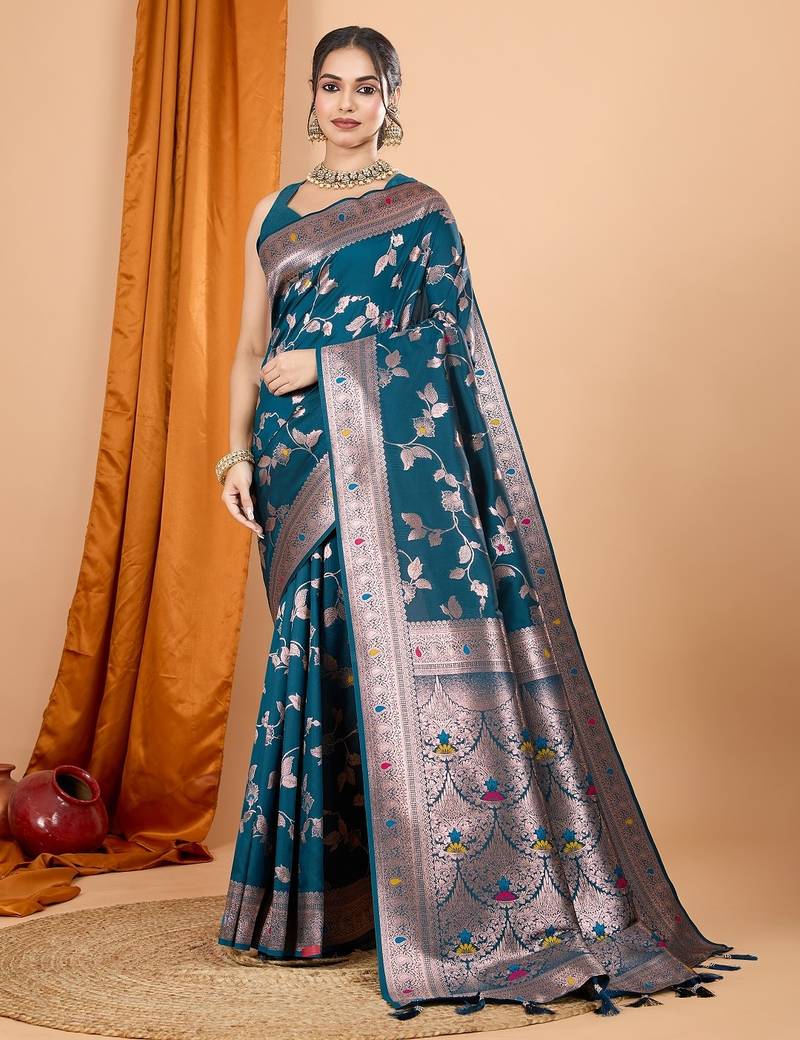 Teal blue woven self design embellished pure silk banarasi saree with blouse