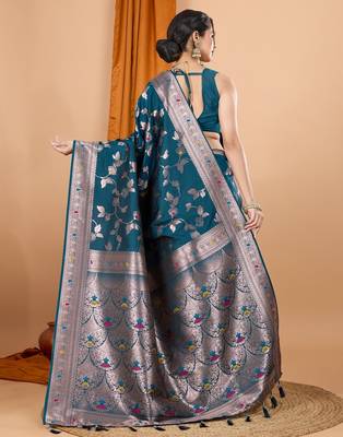 Teal blue woven self design embellished silk blend banarasi saree with blouse 4
