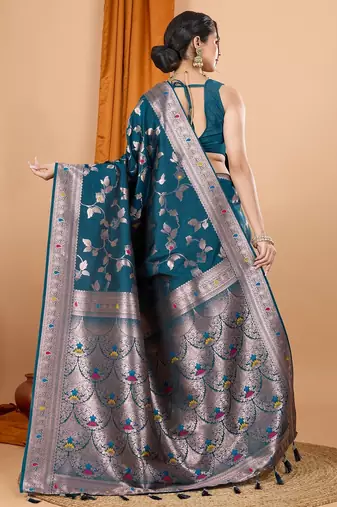 Teal blue woven self design embellished pure silk banarasi saree with blouse