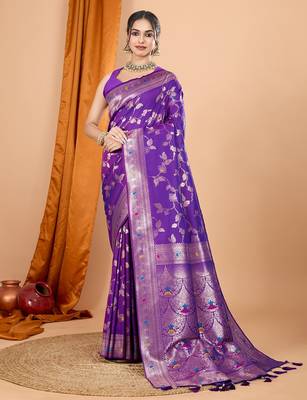Violet woven self design embellished silk blend banarasi saree with blouse 1