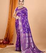 Violet woven self design embellished pure silk banarasi saree with blouse