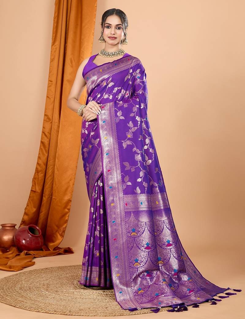 Violet woven self design embellished pure silk banarasi saree with blouse