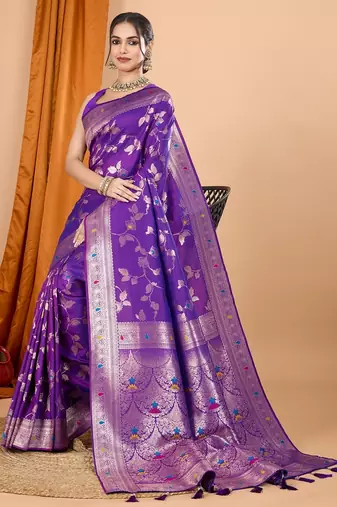 Violet woven self design embellished pure silk banarasi saree with blouse