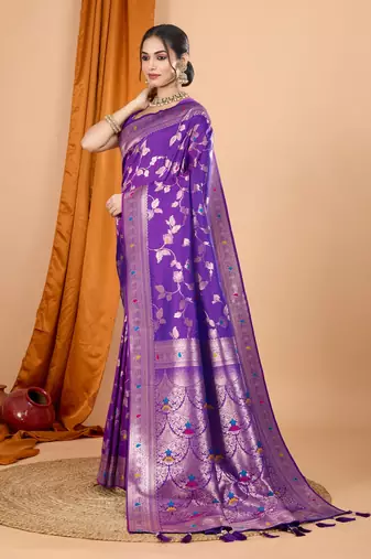 Violet woven self design embellished pure silk banarasi saree with blouse