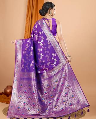 Violet woven self design embellished silk blend banarasi saree with blouse 4