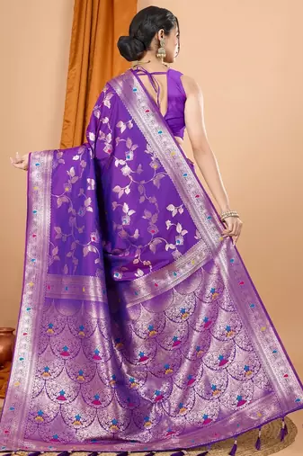 Violet woven self design embellished pure silk banarasi saree with blouse