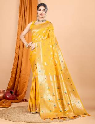 Yellow woven self design embellished silk blend banarasi saree with blouse 1