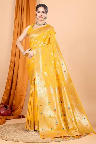 Yellow woven self design embellished pure silk banarasi saree with blouse